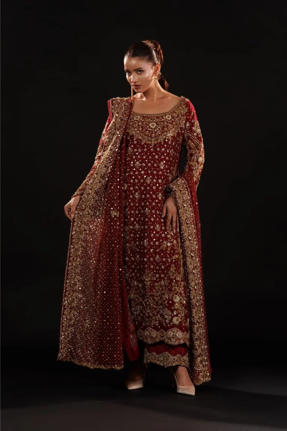 Crimson embroidered dupatta with ornate borders