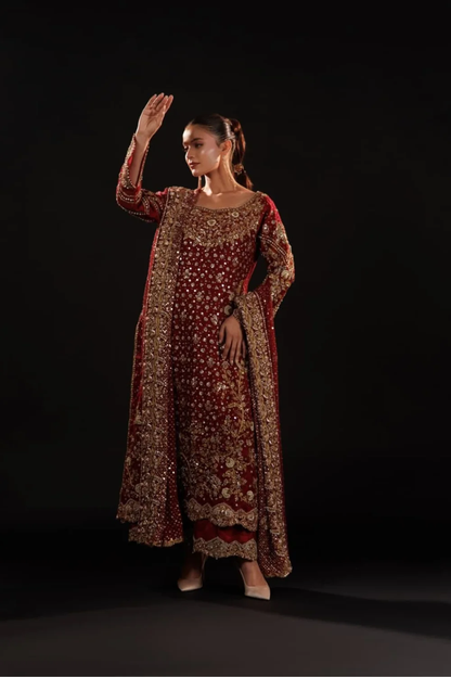 Crimson shirt with floral and paisley embroidery