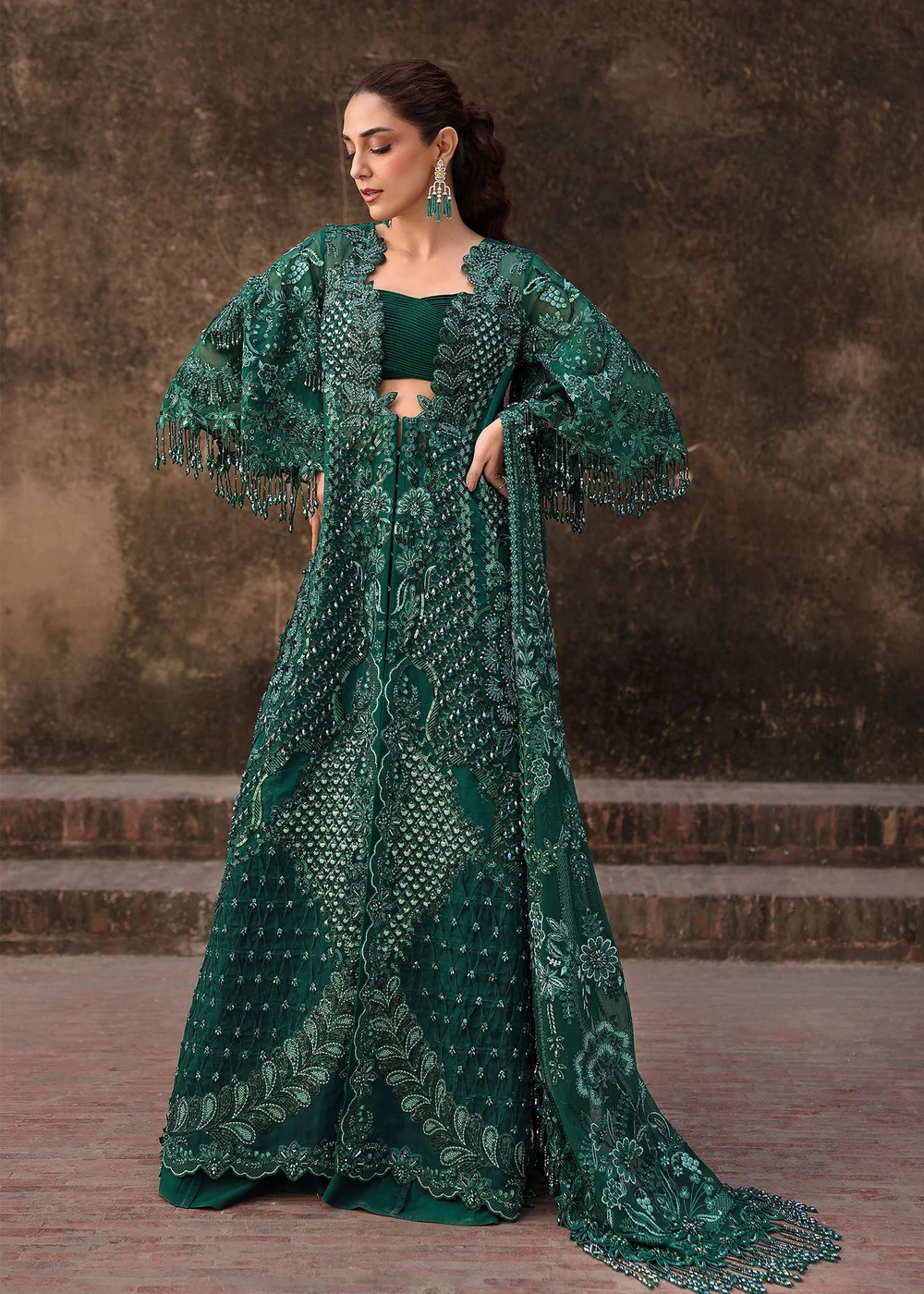 Crimson Zamard deep emerald embroidered formal ensemble