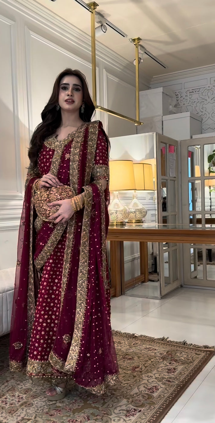 Deep berry red bridal dress with zardozi, dabka and embroidered dupatta