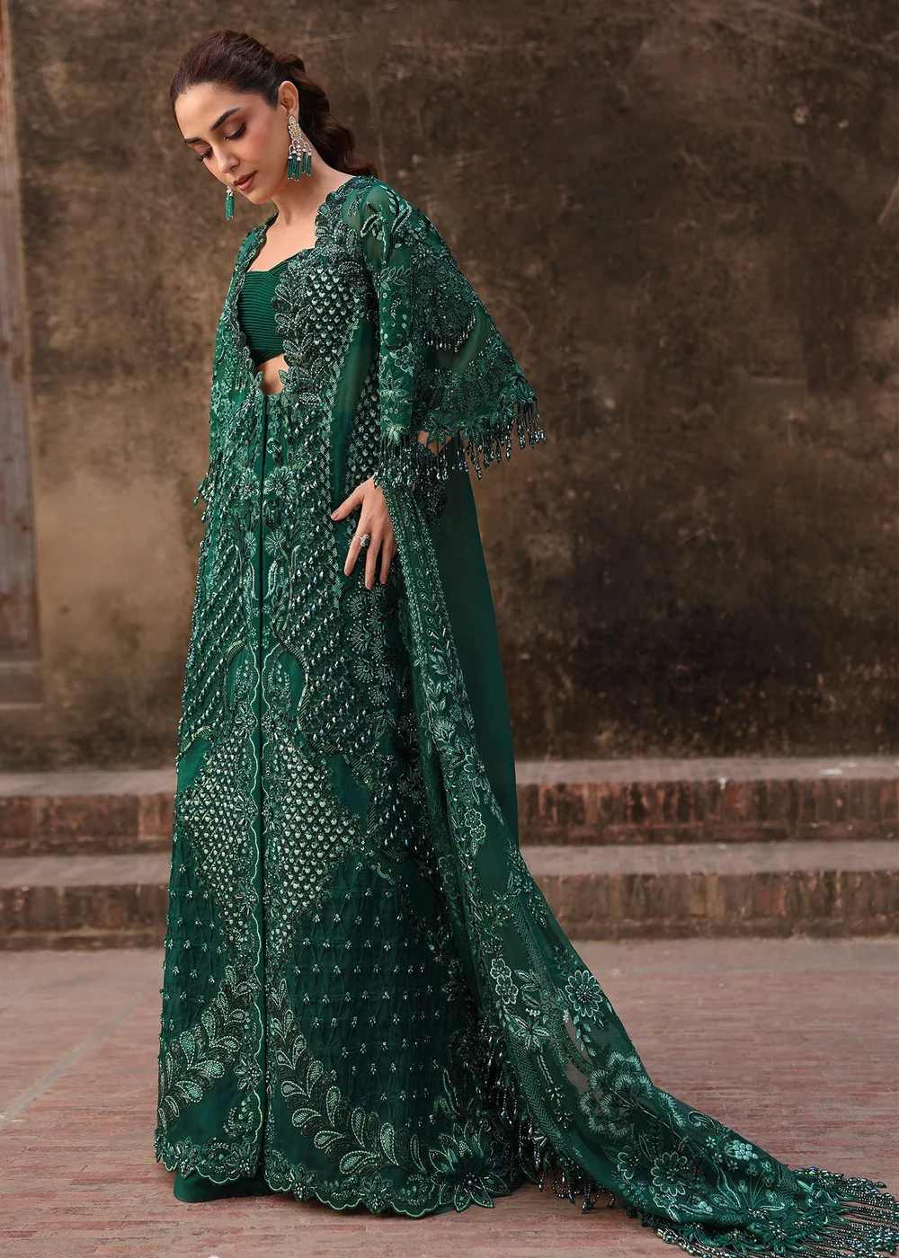 Deep emerald ensemble with floral adda work