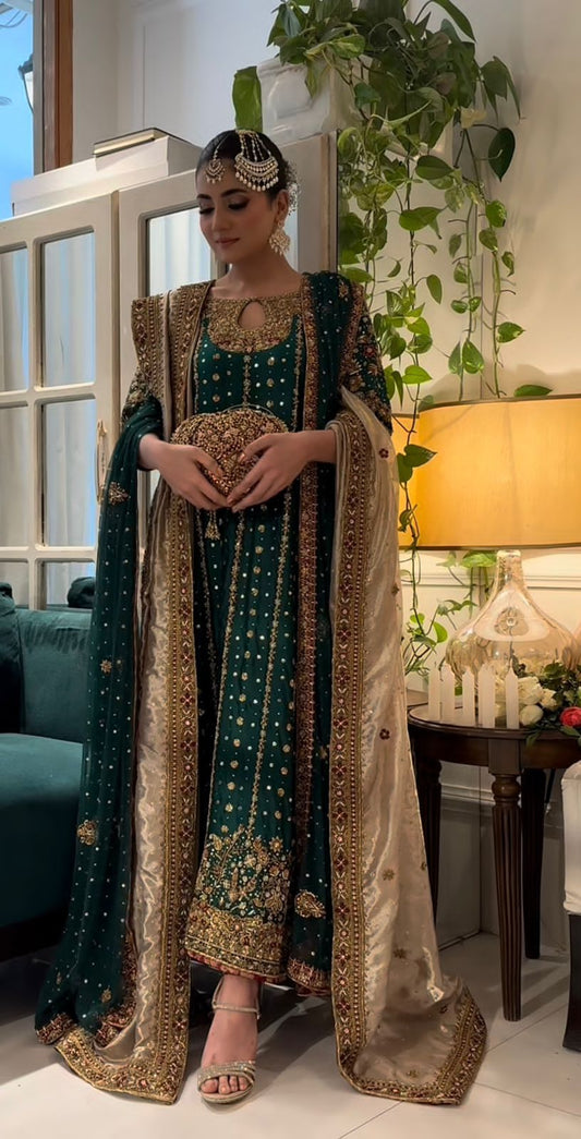 Deep emerald green formal dress with zardozi, dabka and maroon bordered dupatta