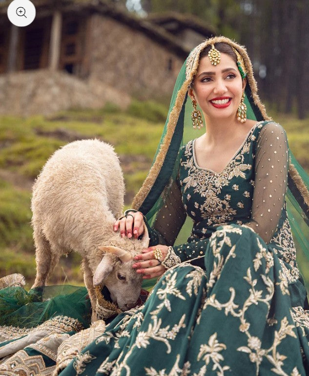 Emerald green hand embroidered Pakistani gharara