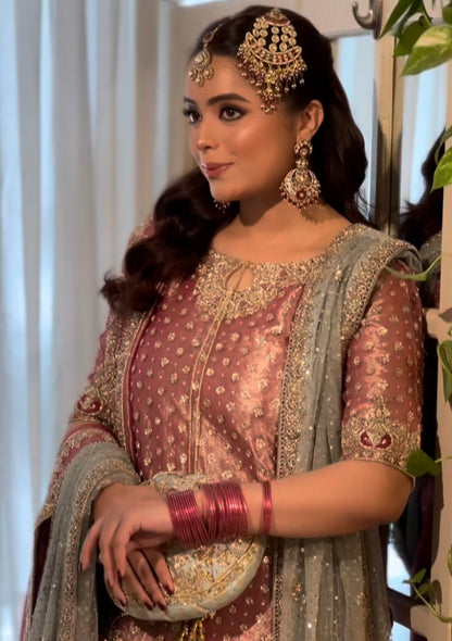 Dusty rose formal dress with zardozi, dabka and silver grey dupattas