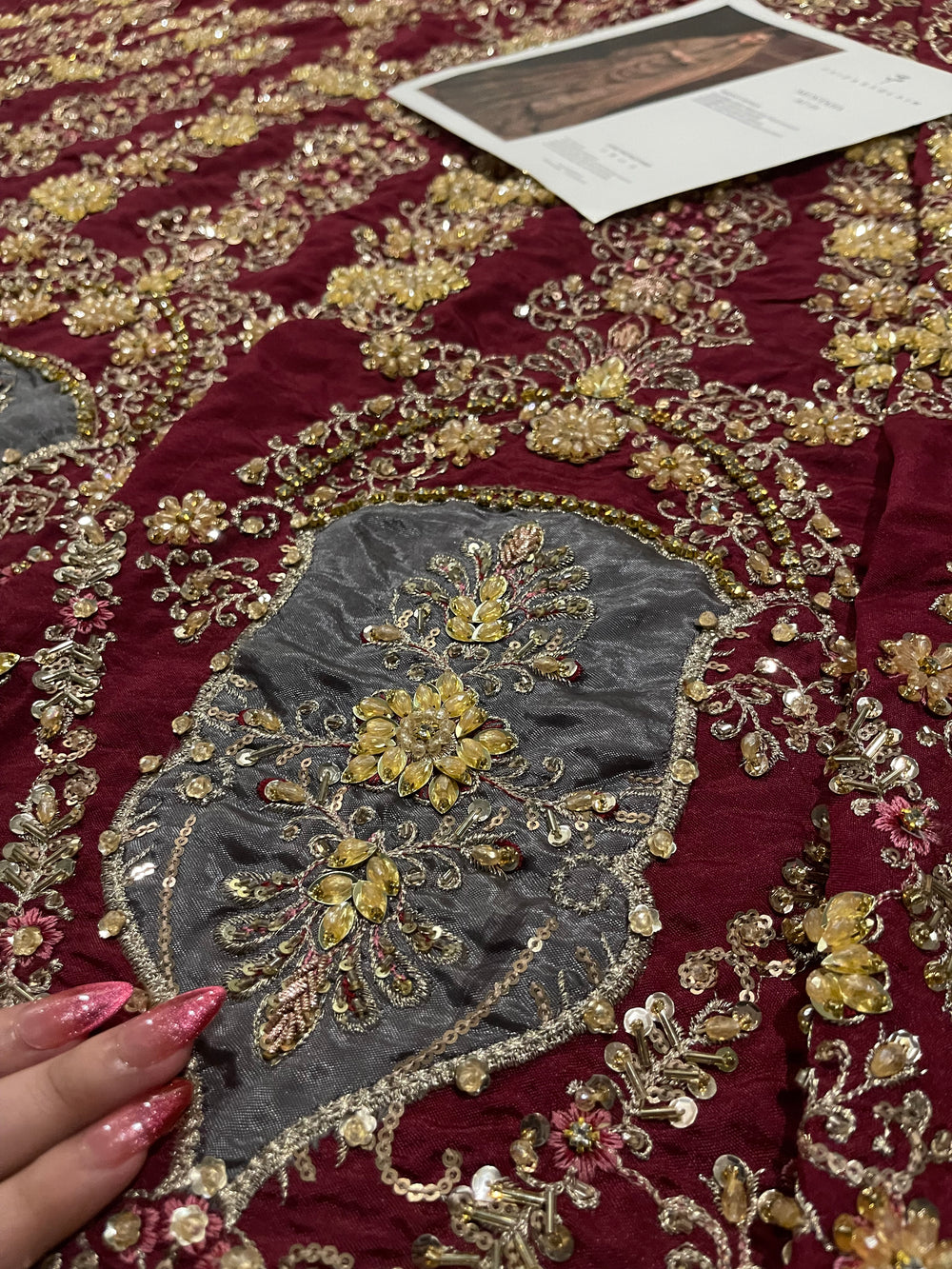 Antique gold lehenga with hand embroidery and adda work