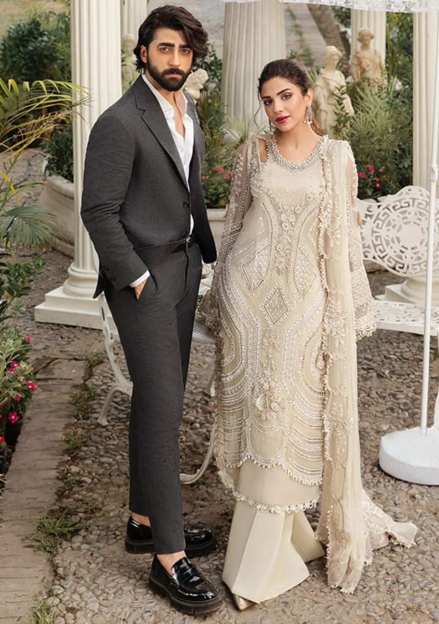 Coffee Pakistani formal suit with embroidered organza dupatta