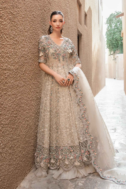 Floral embroidered frock set with scalloped dupatta