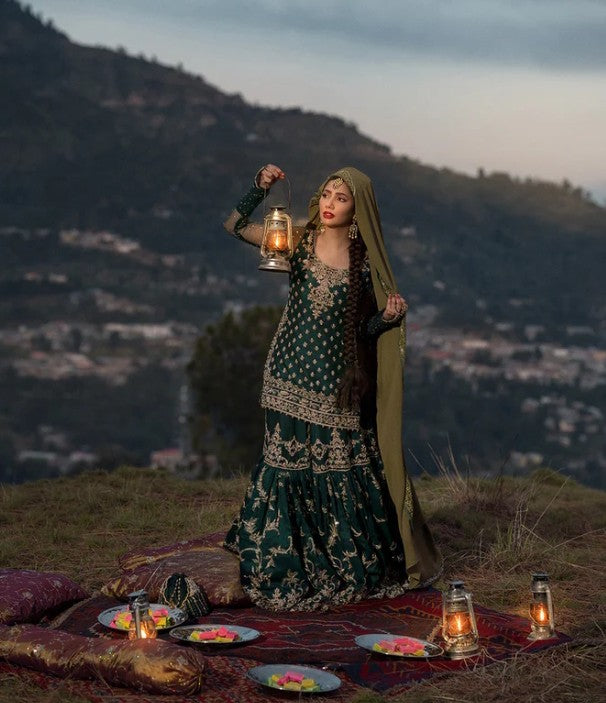 Emerald green bridal gharara with floral embroidery