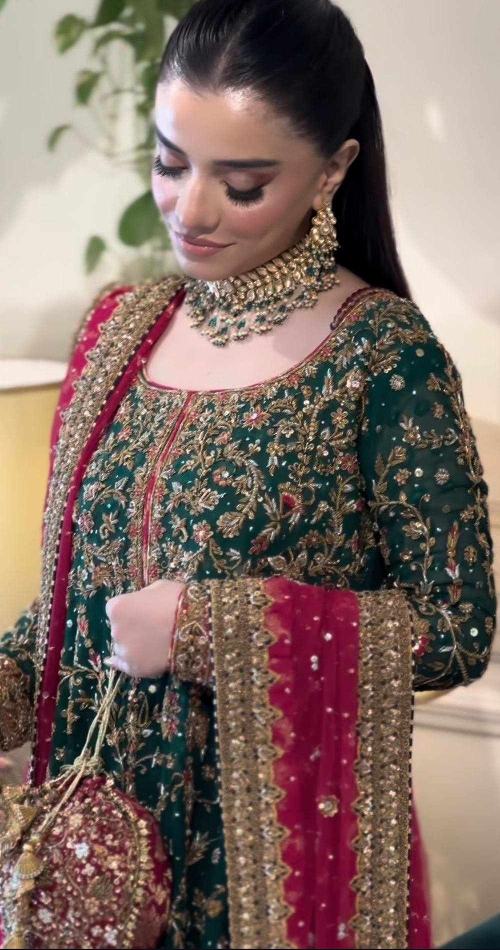 Emerald green formal dress with zardozi, dabka and magenta dupatta