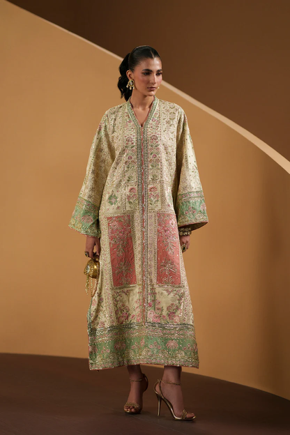 Ethnc Matcha Kaftan Kameez Set in sage green and blush pink