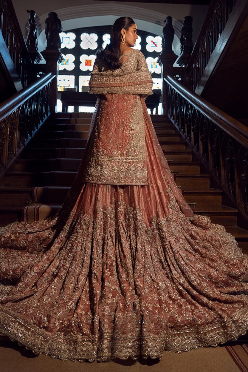 Dusty rose bridal kameez with gold floral embroidery