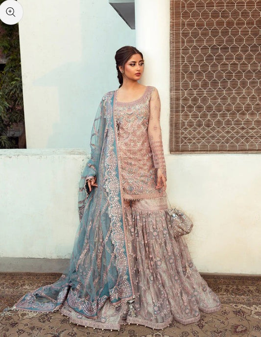 Faiza Saqlain Aytan dusty rose and blue formal ensemble