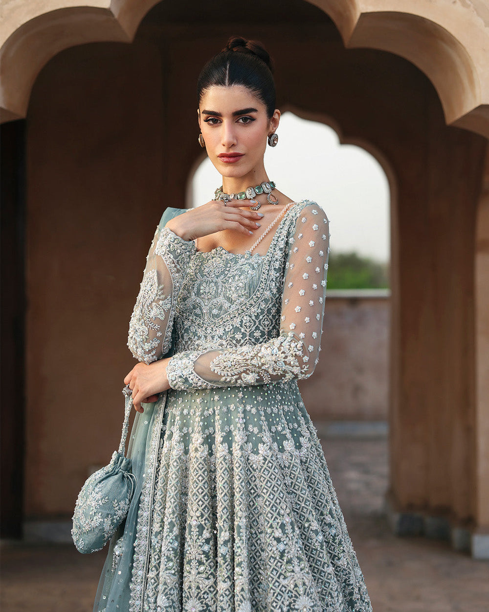 Faiza Saqlain Dorien bridal ensemble with net dupatta