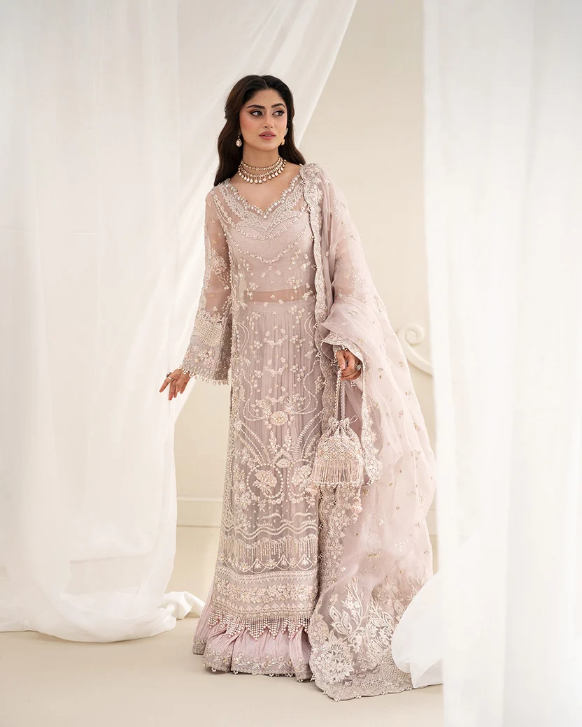 Dusty lilac Faiza Saqlain inspired embroidered ensemble
