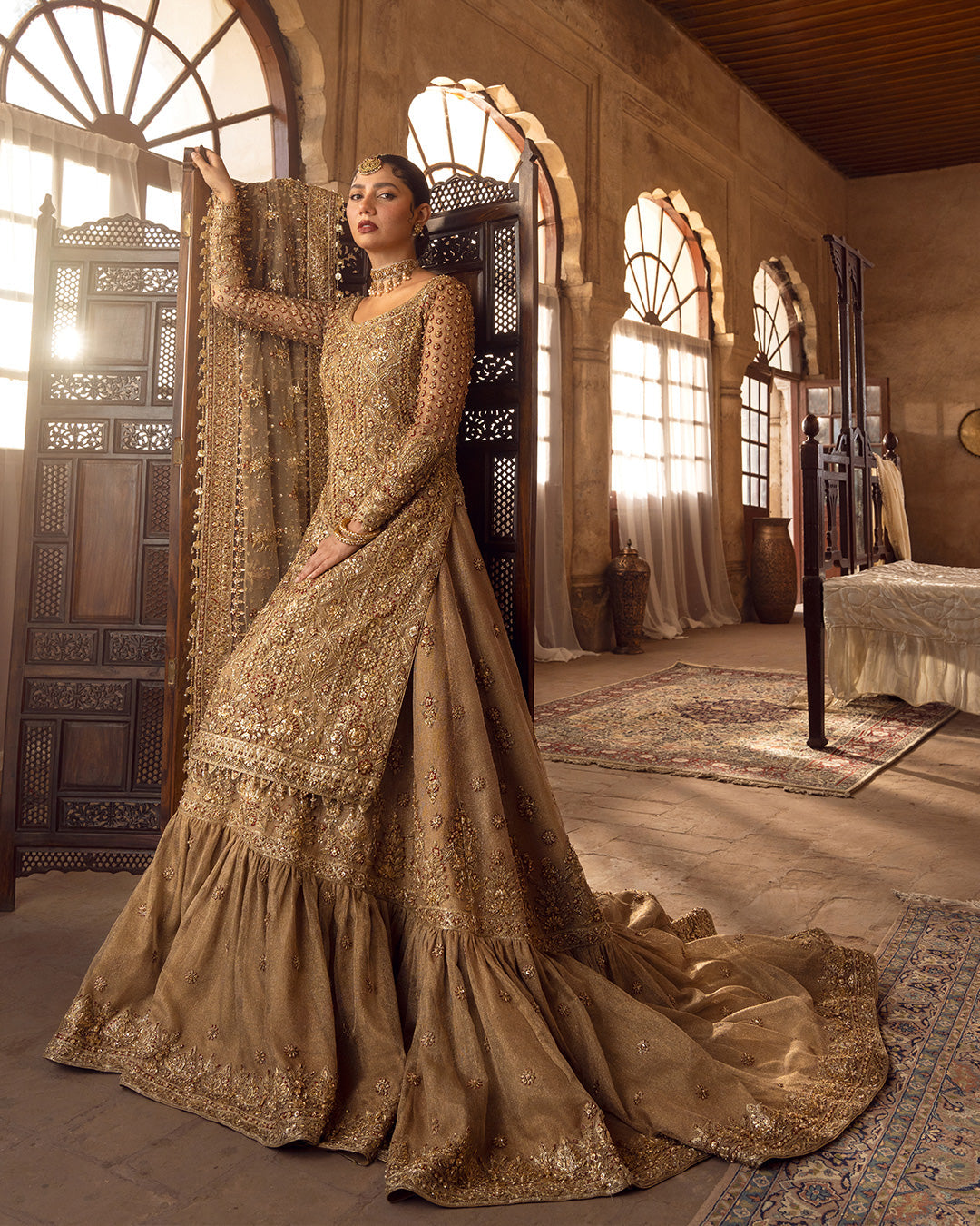 Faiza Saqlain Naisha gold bridal ensemble