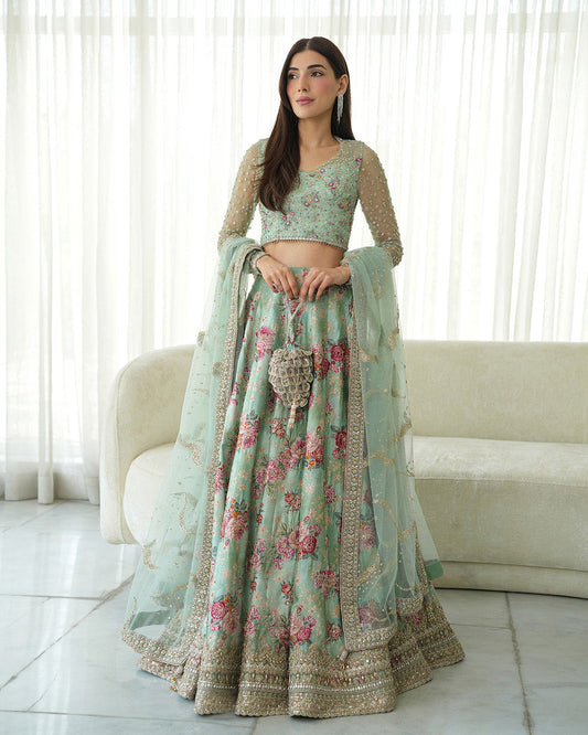 Faiza Saqlain Rosabelle mint green floral lehenga
