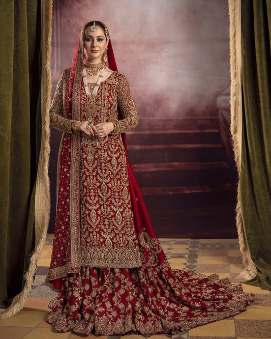 Faiza Saqlain Roushana crimson bridal ensemble