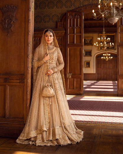 Faiza Saqlain Zariana soft gold bridal pishwas