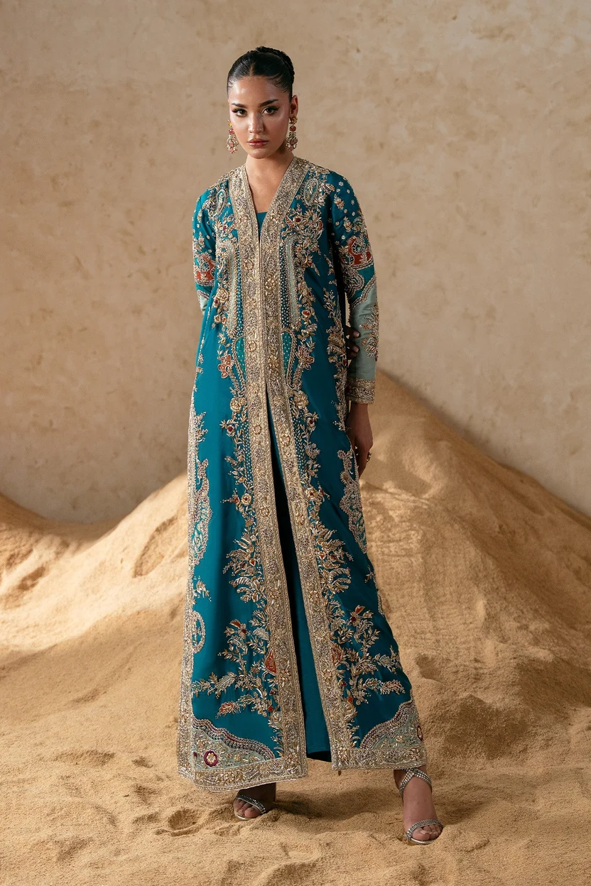 Deep teal open-front jacket with antique-gold embroidery