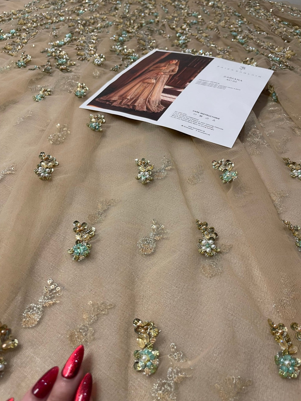 Gold bridal pishwas with detailed handwork and embroidery