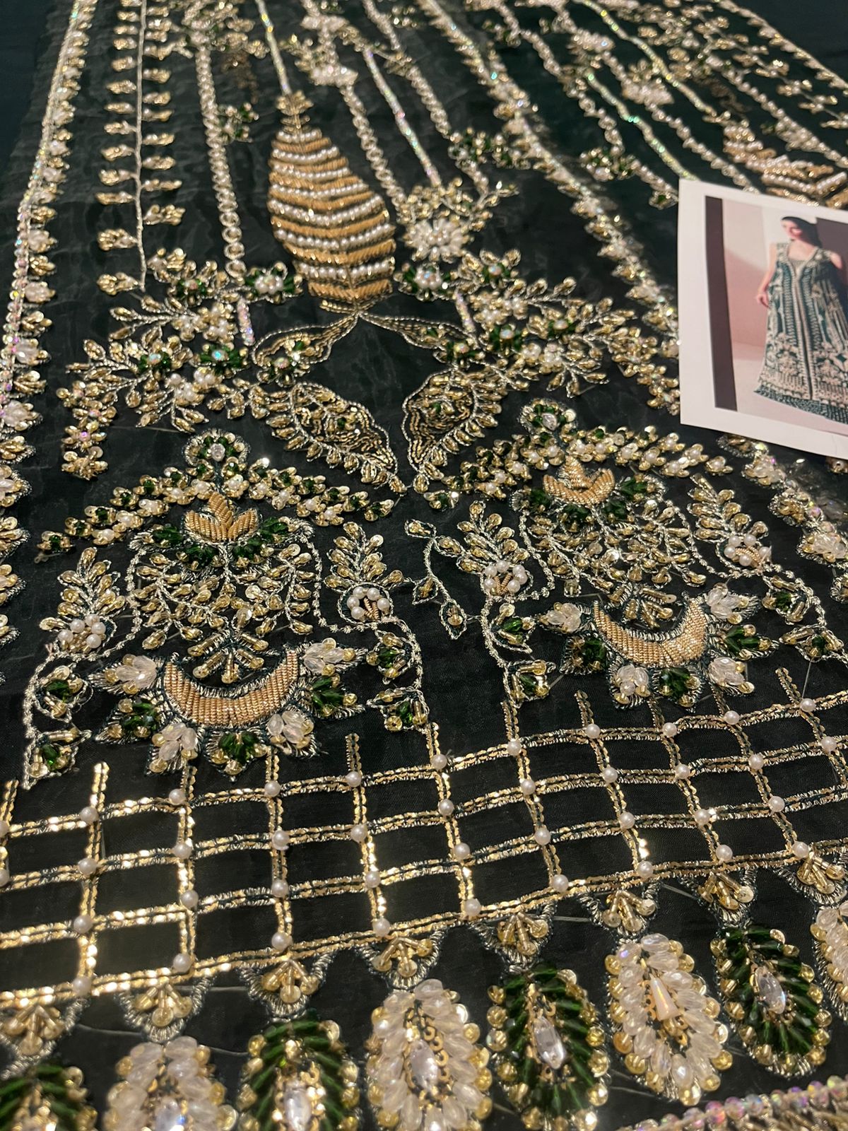 Green geometric embroidered wedding ensemble