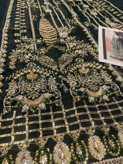 Green geometric embroidered wedding ensemble