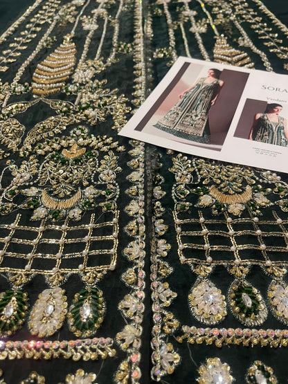 Green Pakistani formal outfit with embroidered dupatta