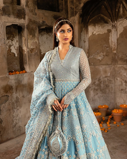 Ice blue Pakistani formal dress with silver embroidery