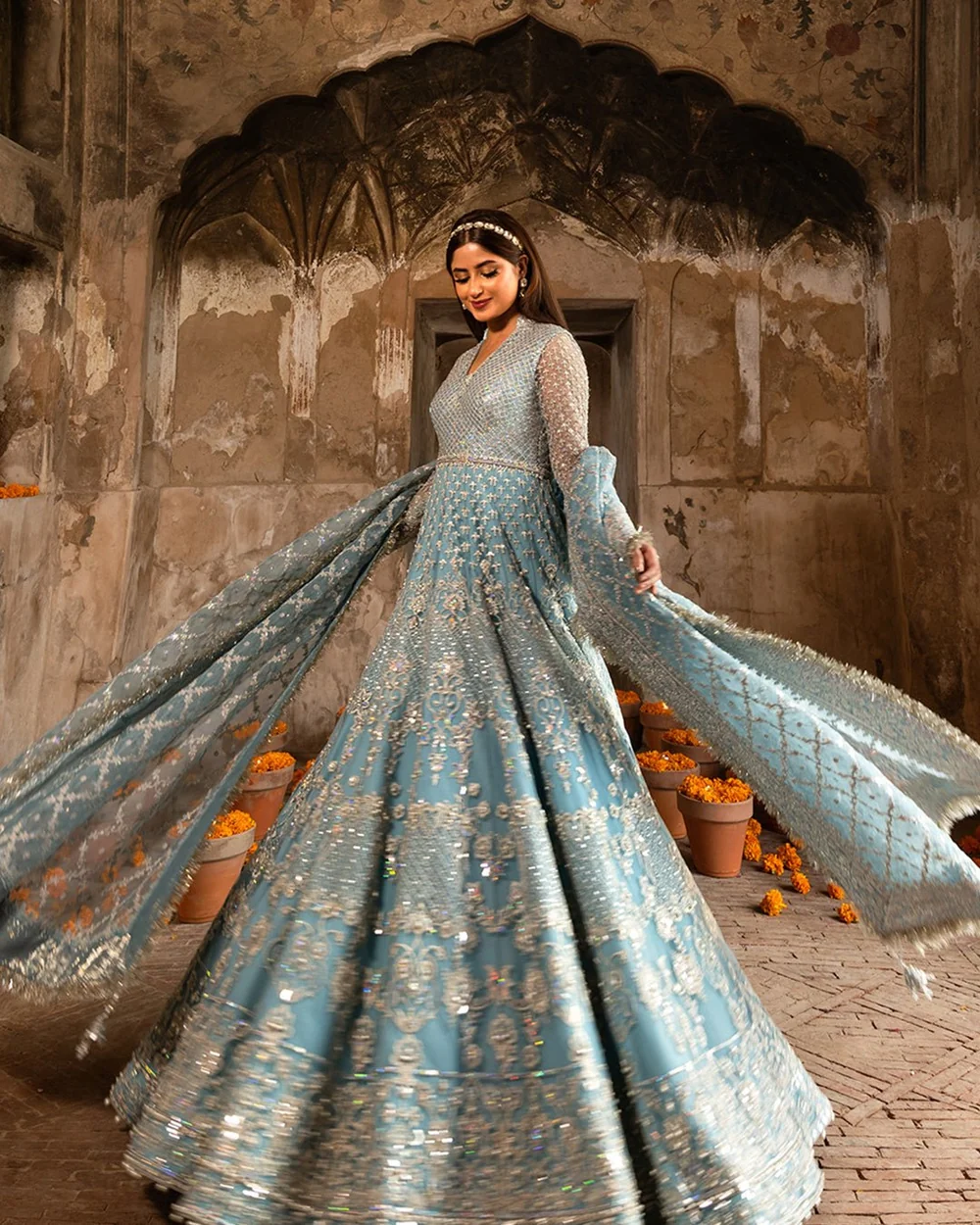 Hana flared ice blue skirt with intricate handwork