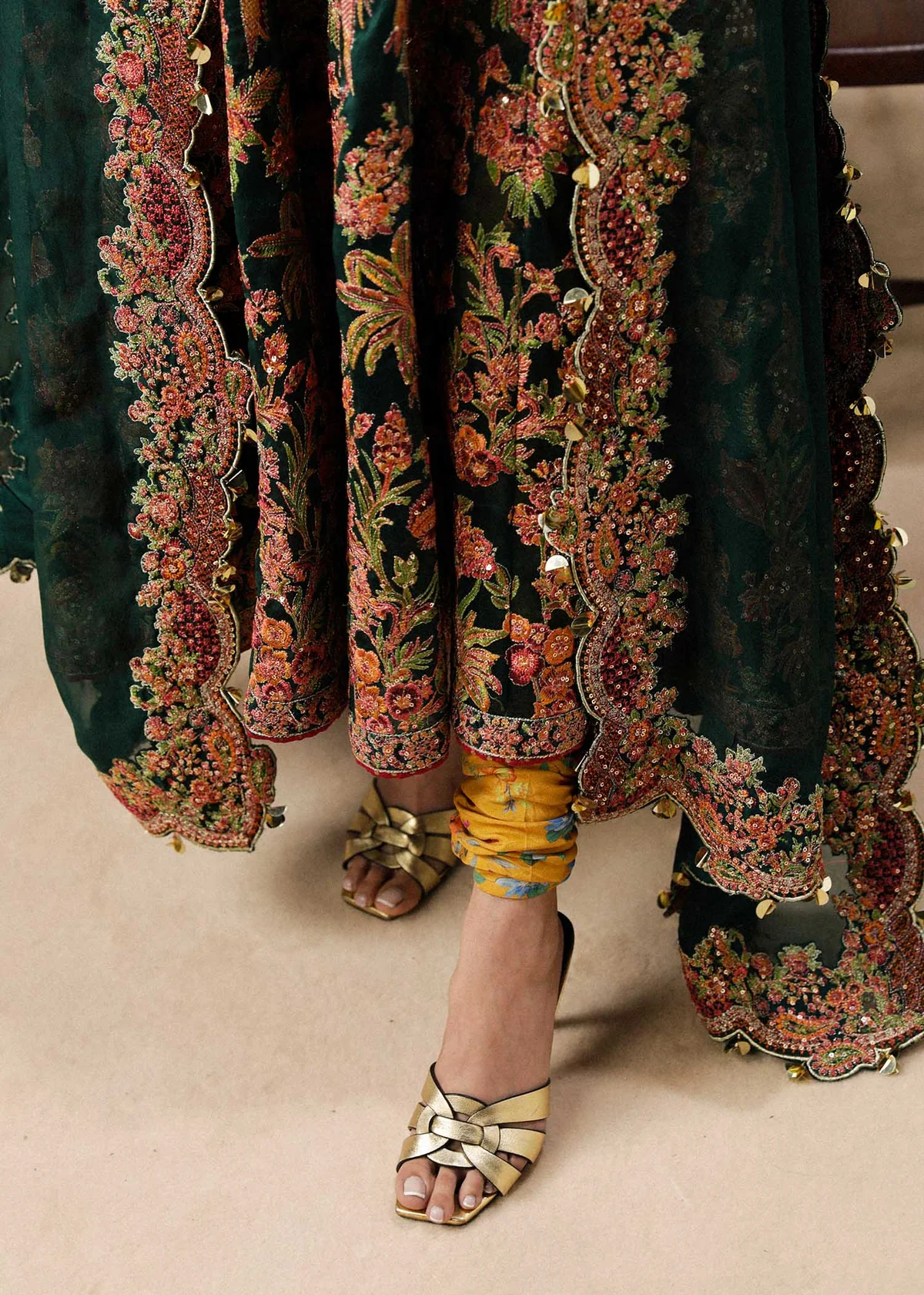 Hara peshwas paired with mustard Korean raw silk chooridaar pants