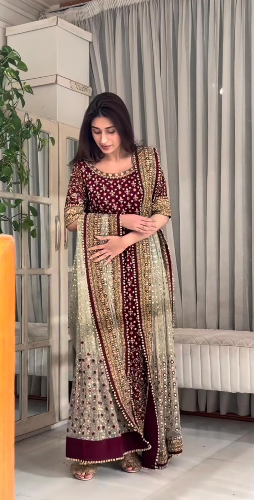 Maroon Pakistani embroidered formal outfit