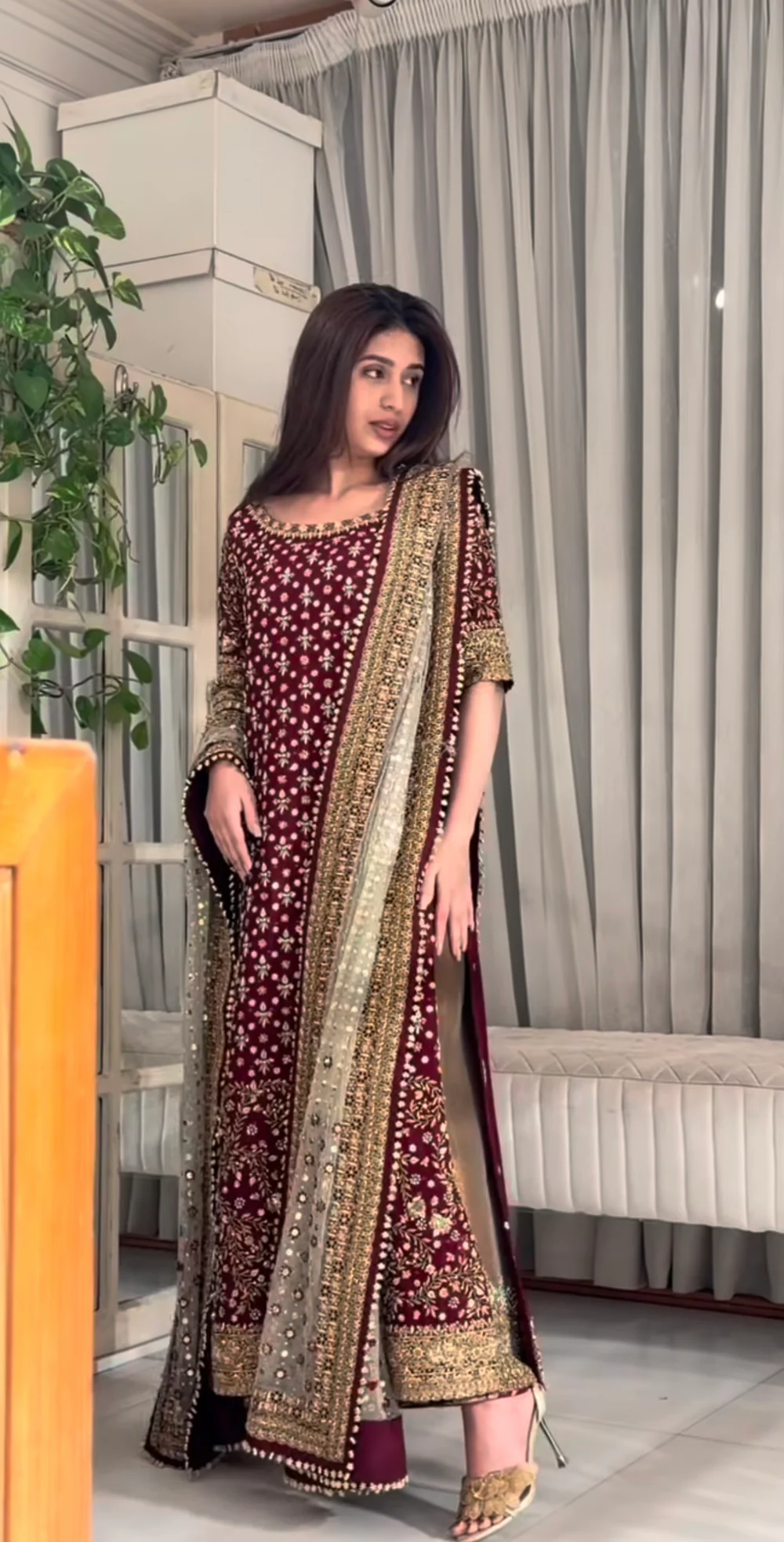 Designer maroon dress with embroidered dupatta