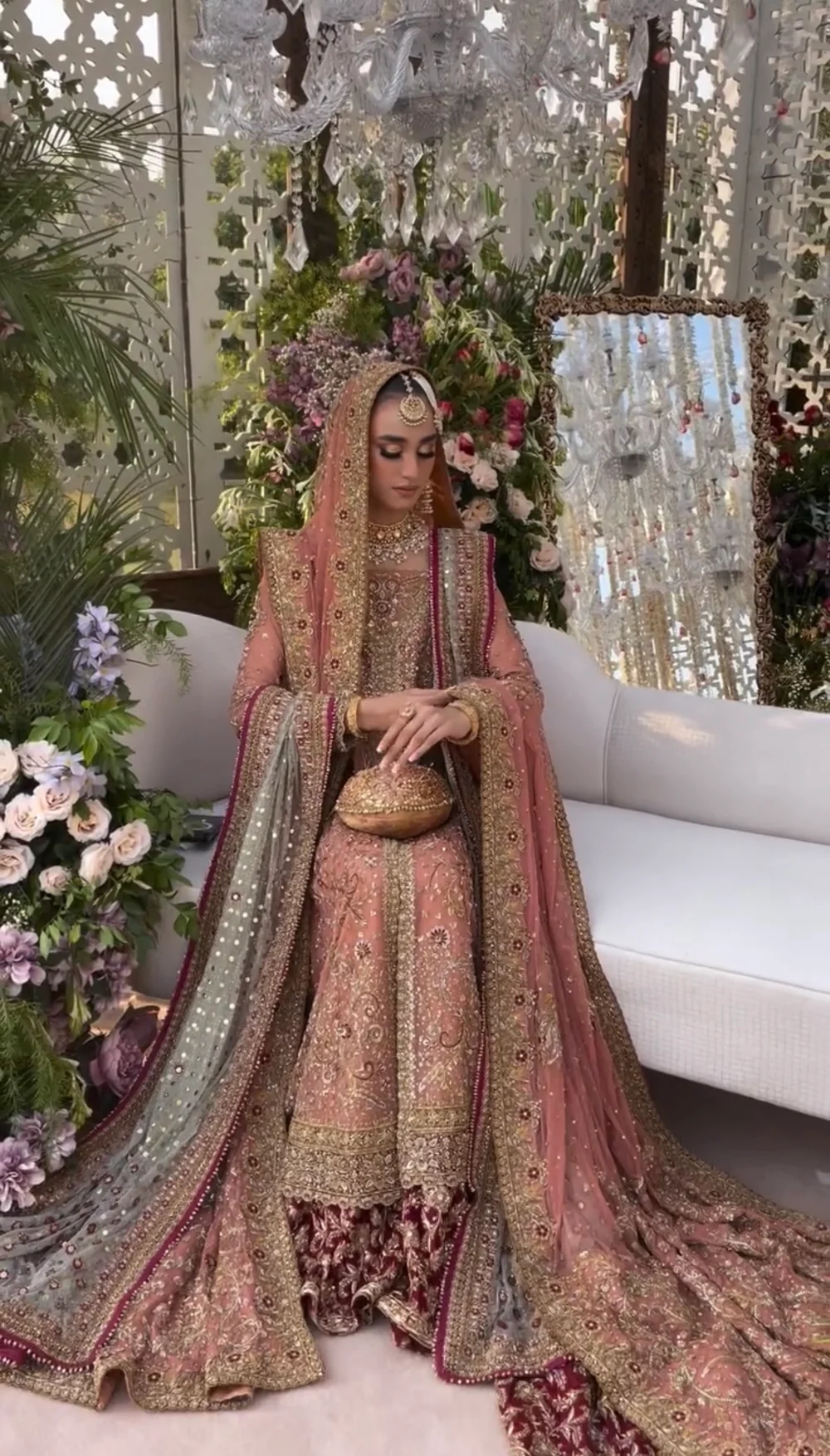 Haris Shakeel Safeera rose peach bridal ensemble