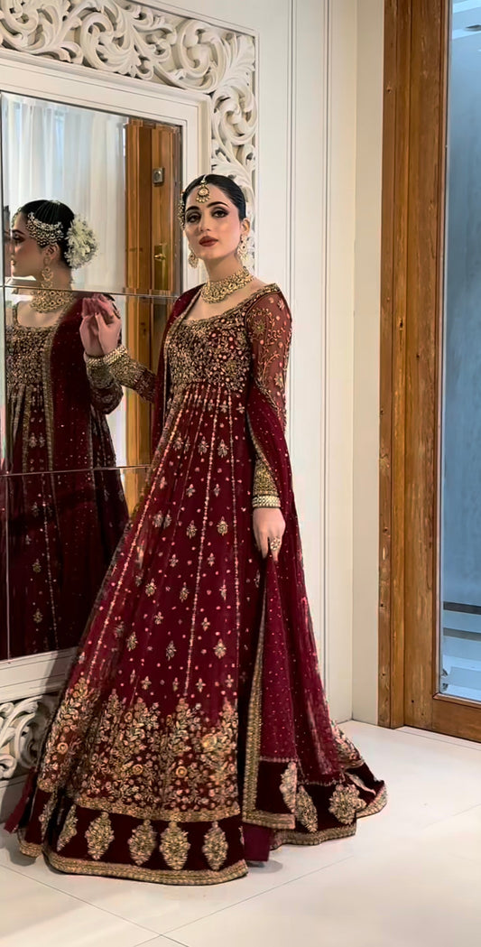Haris Shakeel Shifa luxury maroon bridal dress