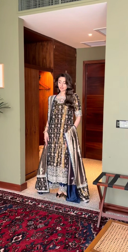 Antique olive embroidered shirt with zari dupatta
