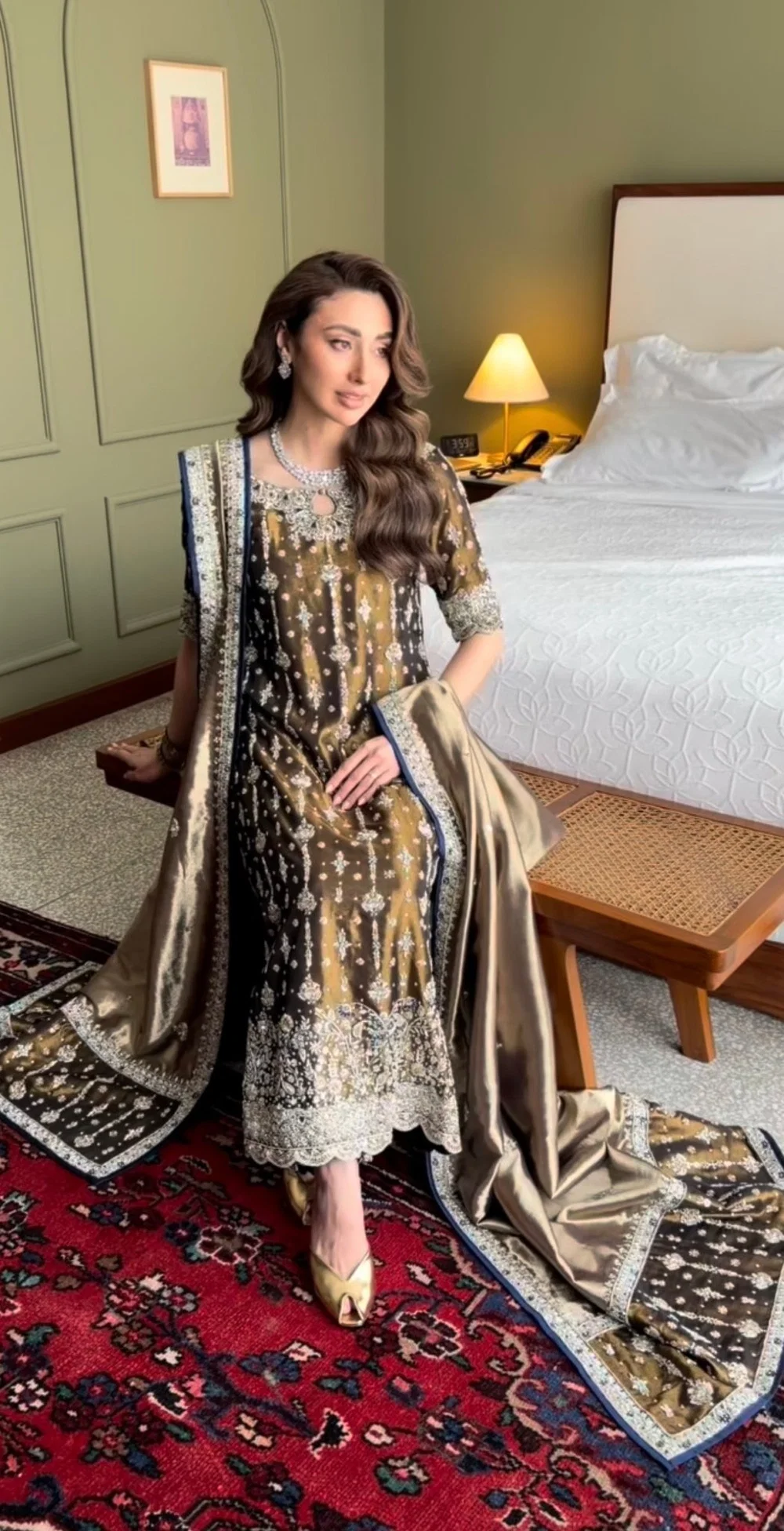 Haris Shakeel Wajeeha antique olive embroidered outfit
