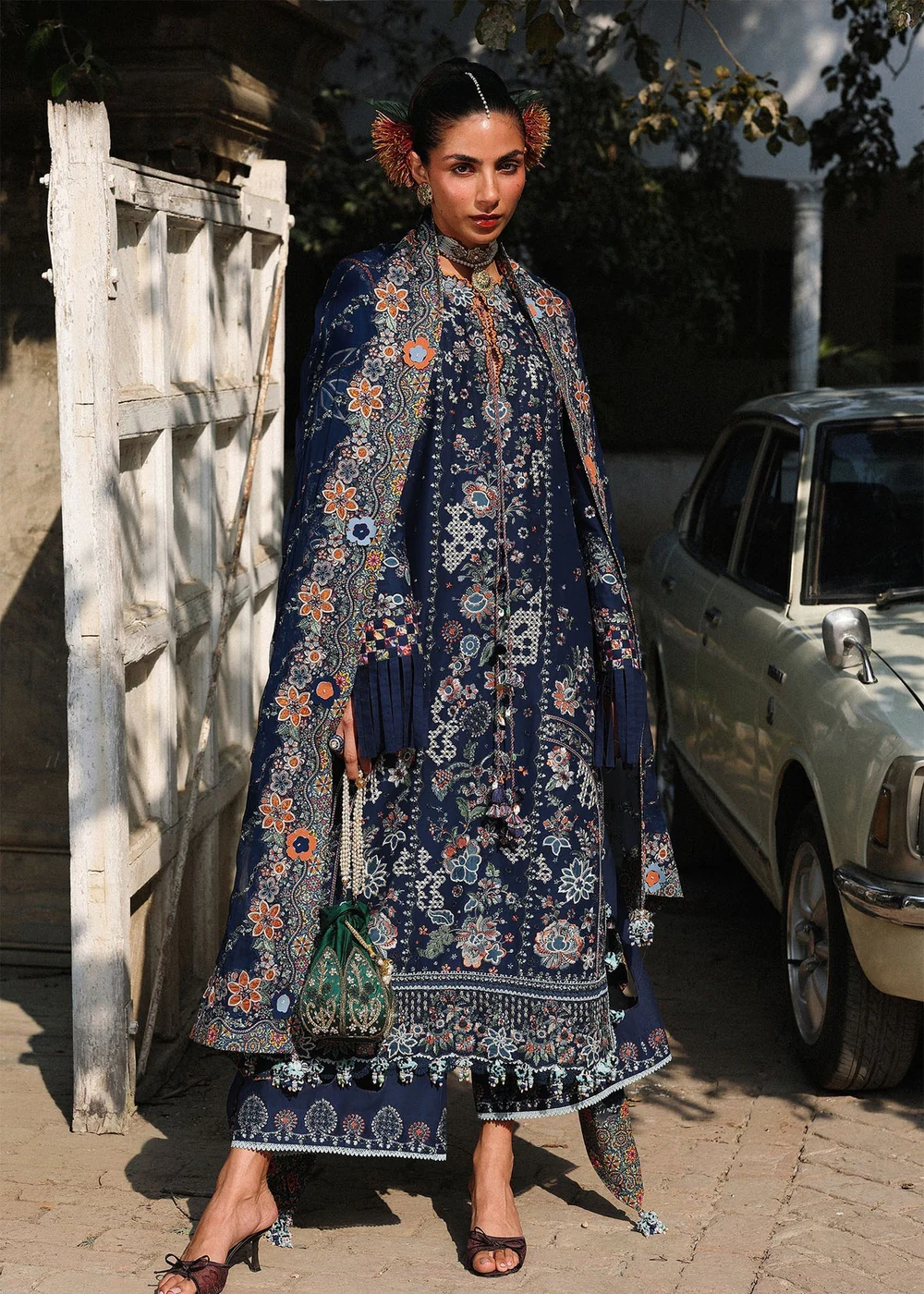 Navy blue Pakistani lawn suit with floral prints