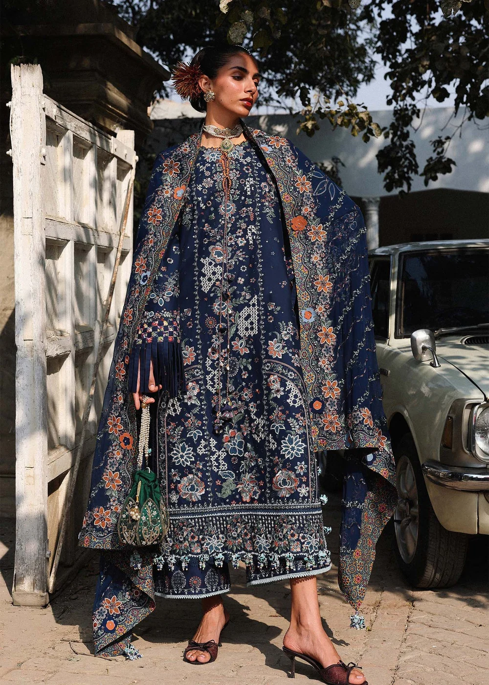 Hussain Rehar Amalfi luxury Pakistani navy blue lawn dress