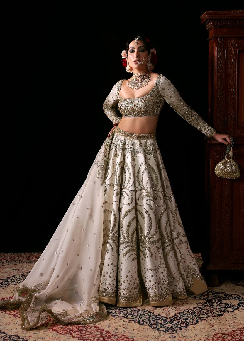 Oak-white Hussain Rehar inspired Pakistani bridal dress