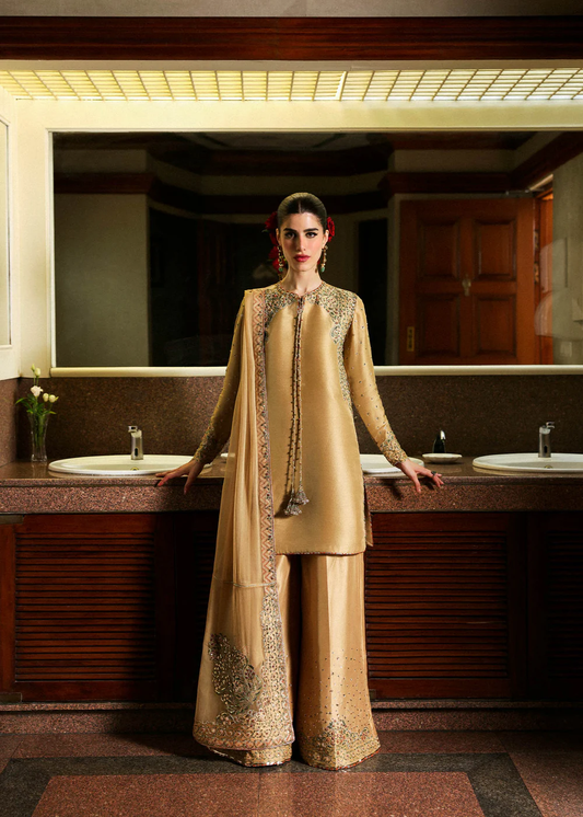 Hussain Rehar Delune champagne gold formal dress