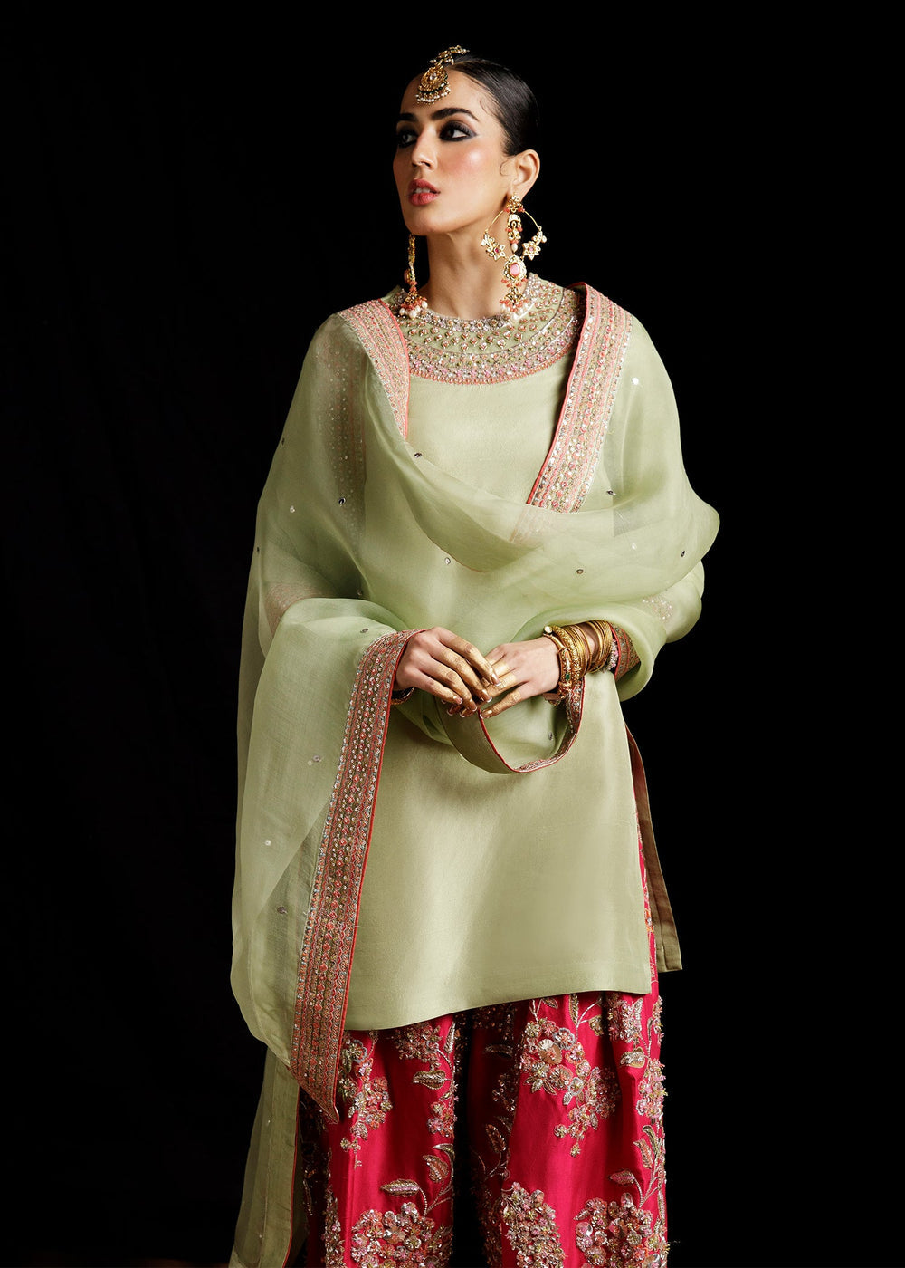 Sage green embroidered Pakistani designer outfit