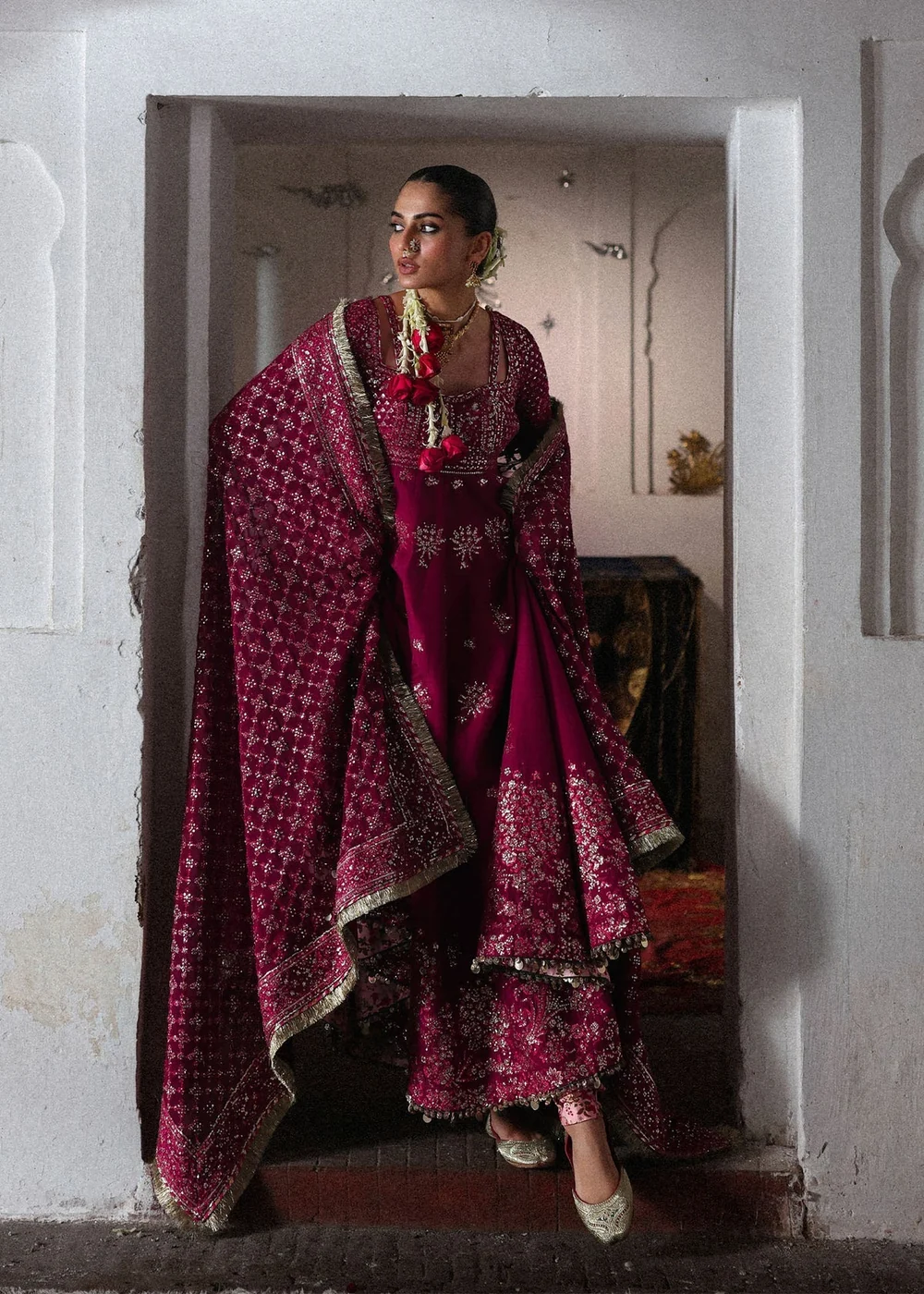 Deep magenta tussel silk ensemble with silver embroidery