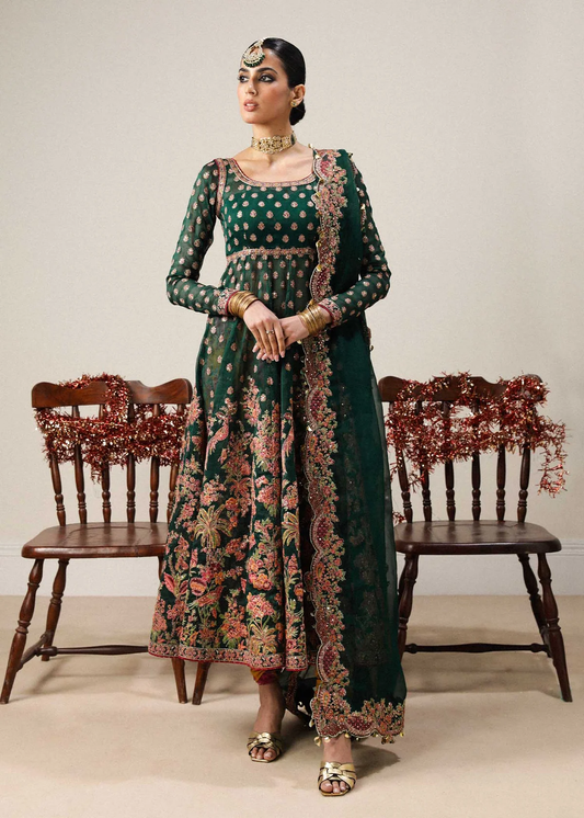 Hussain Rehar Hara dark green organza peshwas with floral embroidery