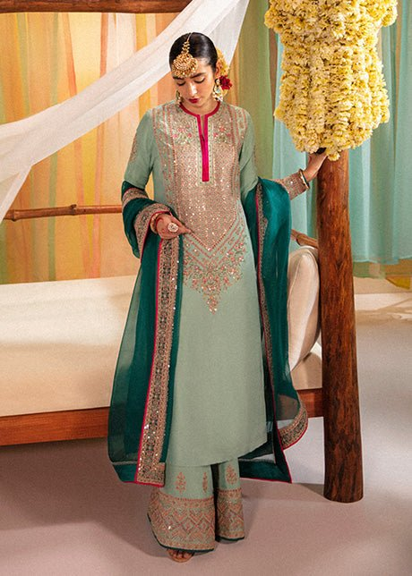 Mint aqua Pakistani designer dress with intricate adda work
