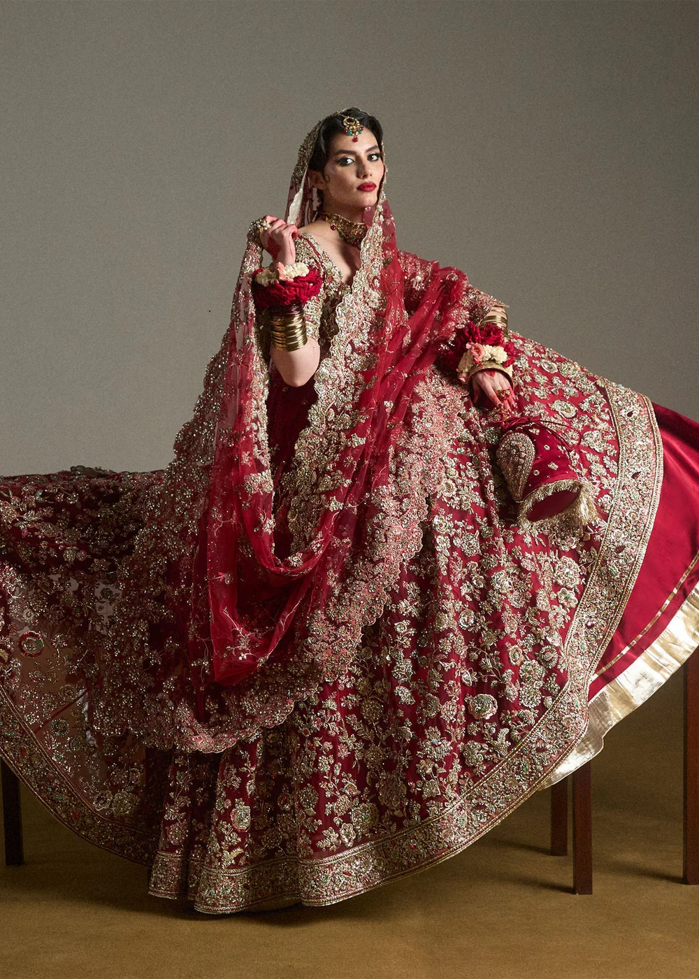 Luxury red bridal lehenga with embroidered dupatta