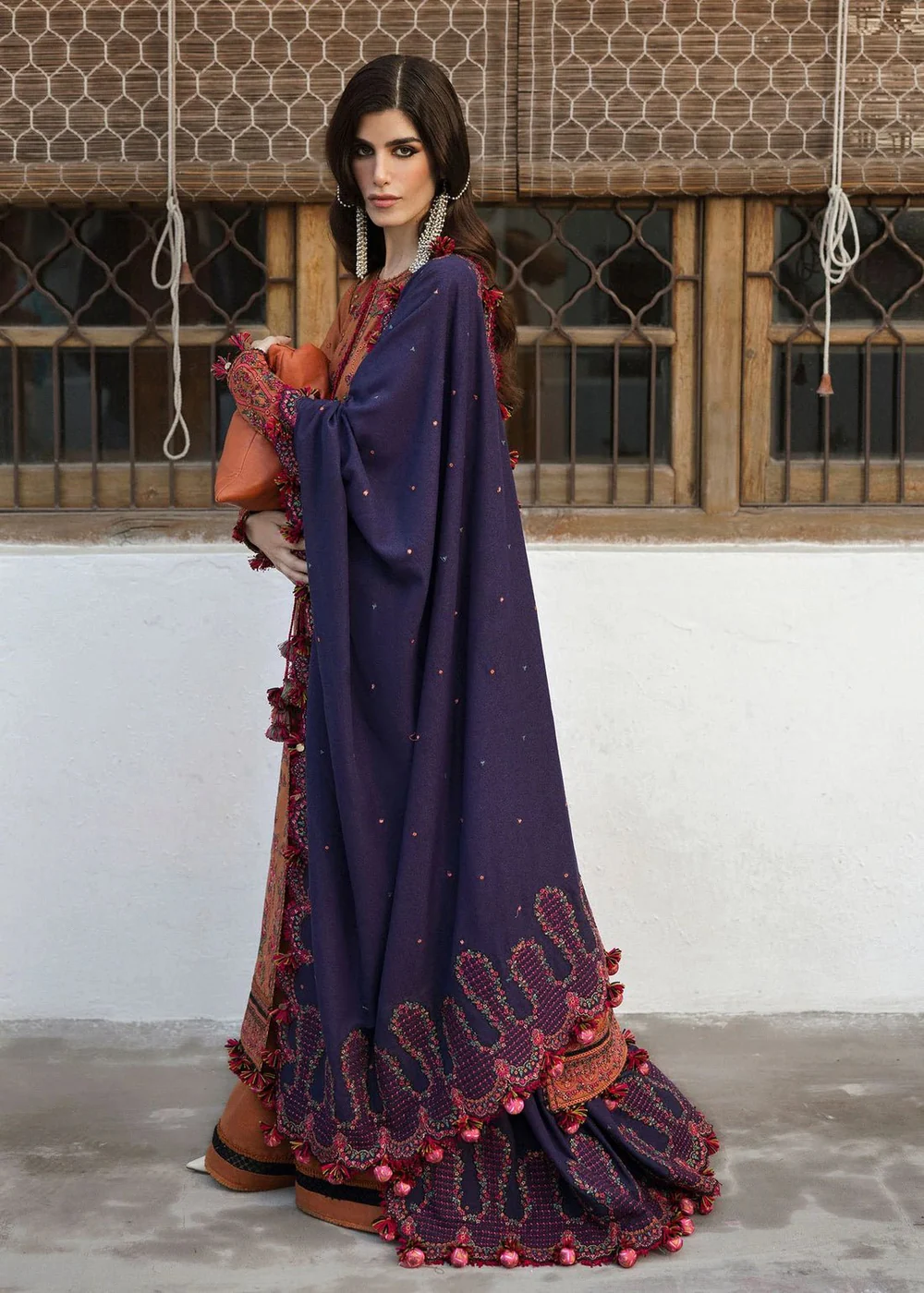Luxury lawn dress with purple chiffon dupatta