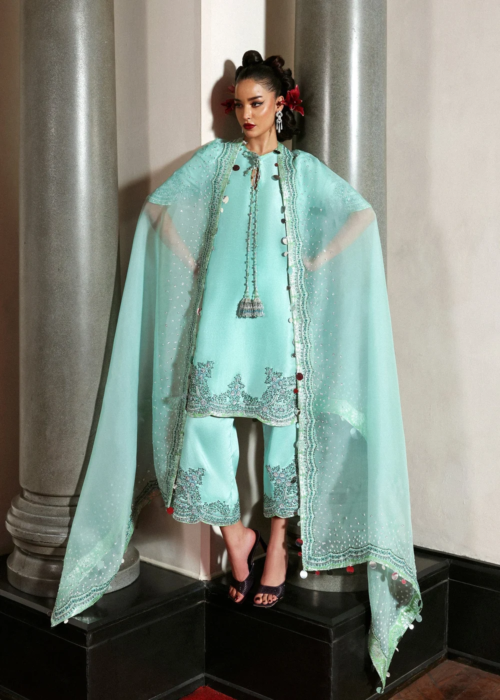 Designer mint green dress with embroidered dupatta