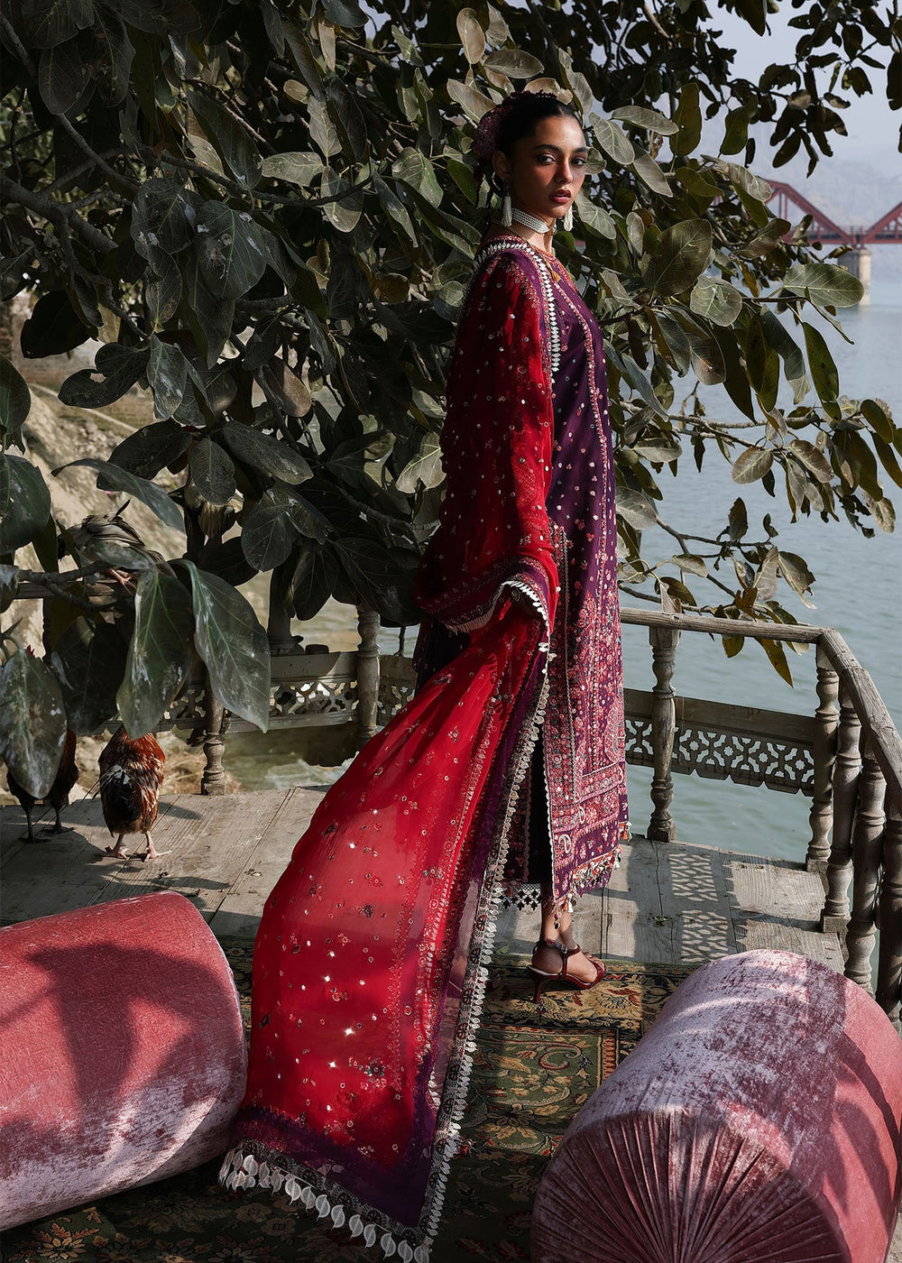 Luxury plum formal dress with embellished maroon dupatta
