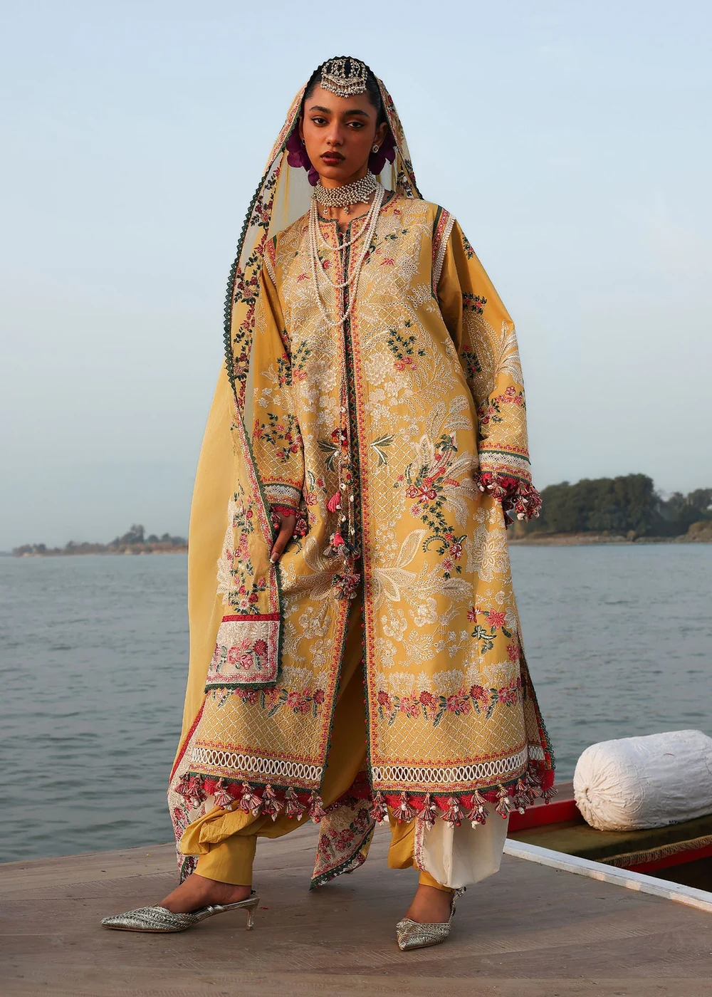 Luxury mustard lawn dress with printed dupatta