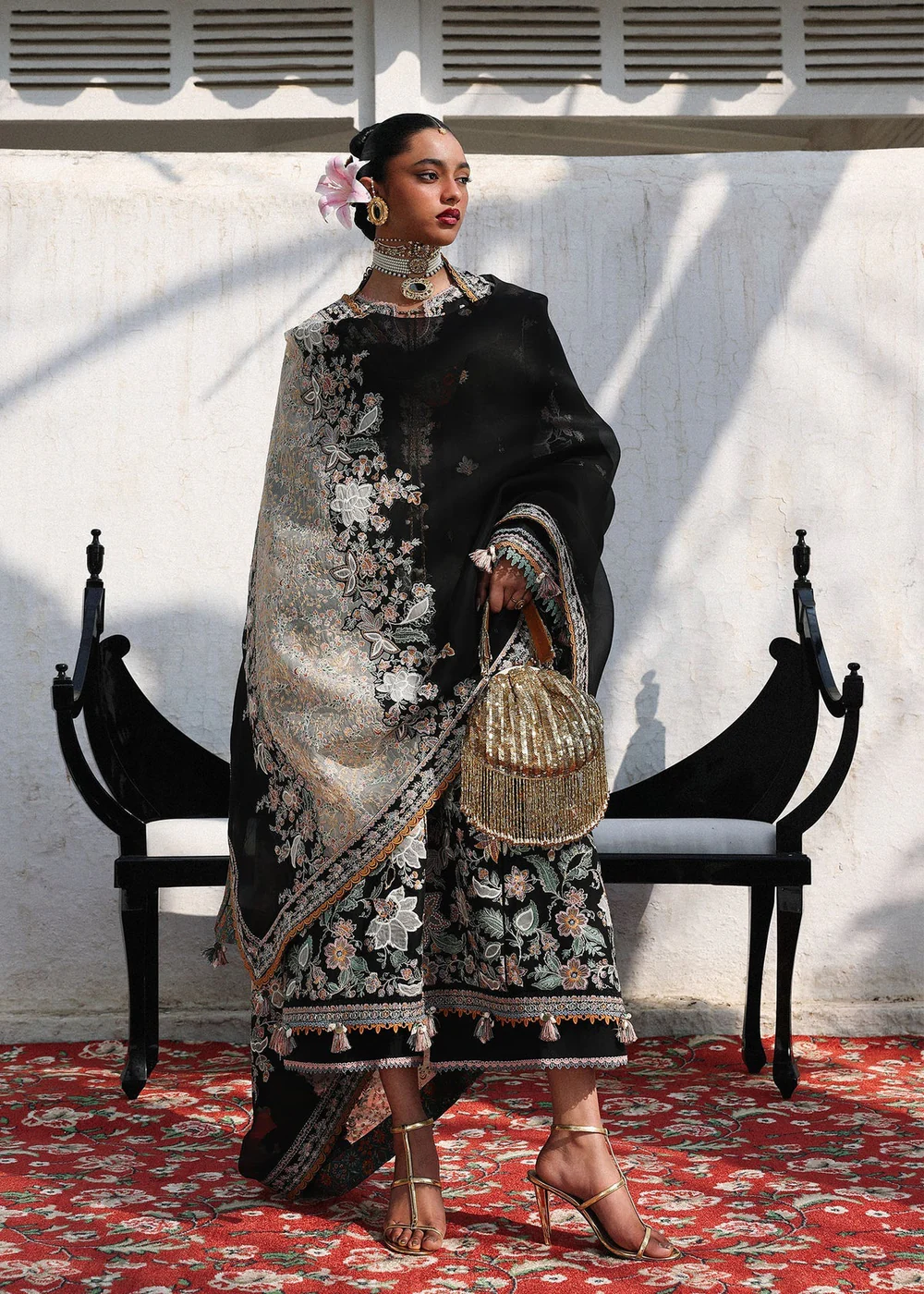 Luxury black lawn dress with embroidered dupatta